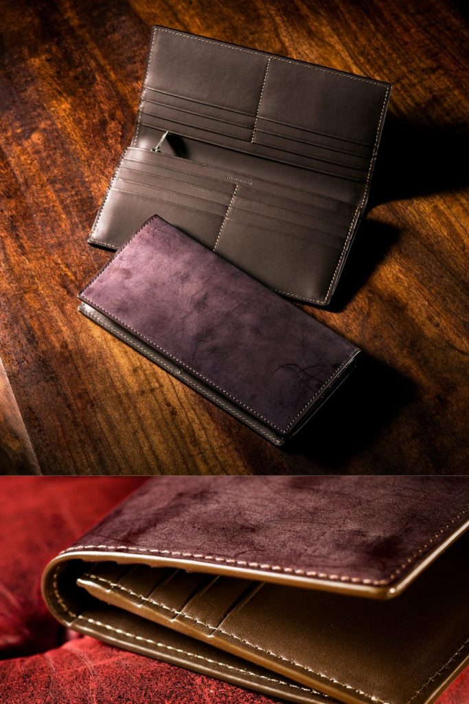 スリムなササマチデザインのロウ引きコードバン長財布